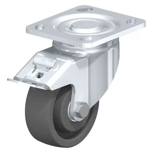 Swivel Plate Caster, Gy Nyln, 3-1/8", Brake, Caster Load Rating Range: Heavy-Duty