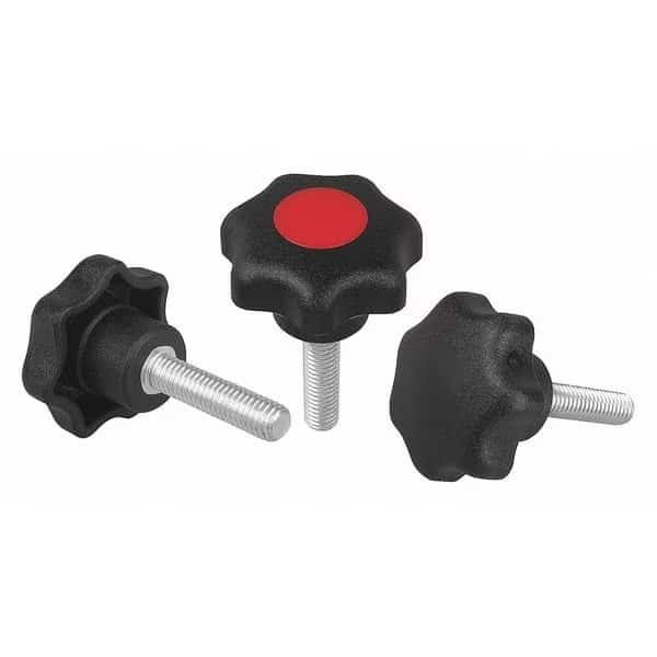 Star Grip, DIN 6336 Similar, D=5/16-18X40, D1= 32, External Thread, Steel, Black Plastic, Cap Gray