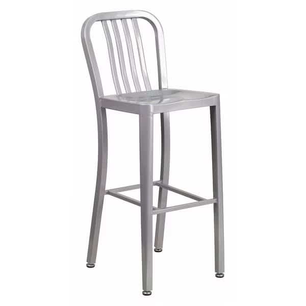 30" High Silver Metal Barstool with Slat Back