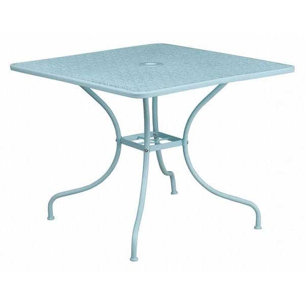 35.5" SQ Sky Blue Steel Patio Table-Umbrella Hole