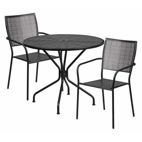 35.25" Round Black Steel Table with 2 Chairs, FLASH FURNITURE, Mfr# CO-35RD-02CHR2-BK-GG