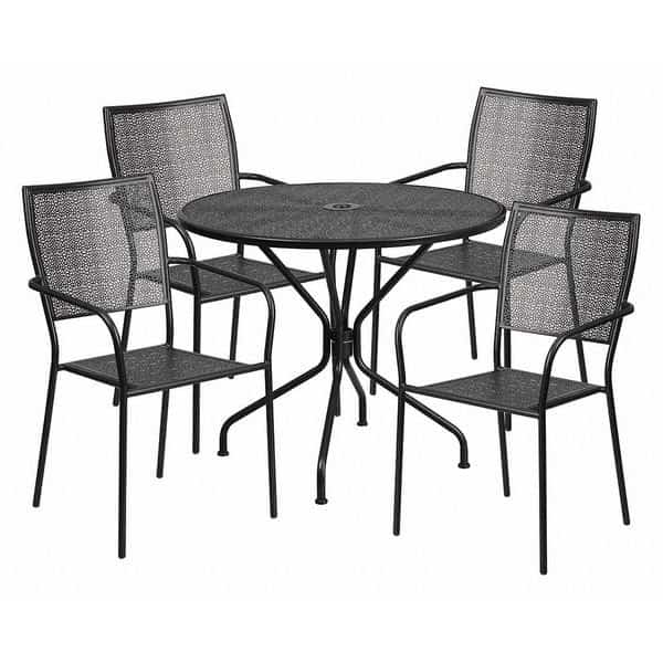 35.25" Round Black Steel Table with 4 Chairs, FLASH FURNITURE, Mfr# CO-35RD-02CHR4-BK-GG