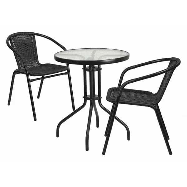 Lila 23.75'' Round Glass Metal Table with 2 Black Rattan Stack Chairs, Flash Furniture, Mfr#: TLH-071RD-037BK2-GG
