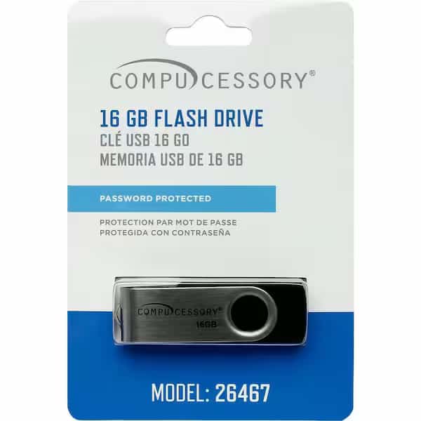 Compucessory 26467 Password Protected USB 2.0 Flash Drive, 16 GB, Black