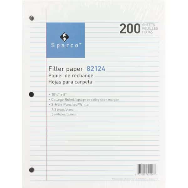 Sparco Notebook Filler Paper, 8" x 10-1/2", College Ruled, White, 200 Sheets/Pack