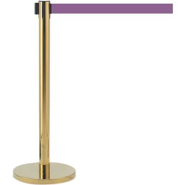 Retractable Belt Barrier, Brass Finish/Purple Belt, 7 ft Length, Brass