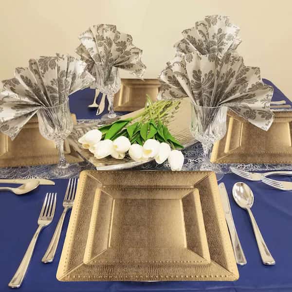 13" Gold Square Edge Beaded Disposable Paper Charger Plates (120 Plates), 120PK