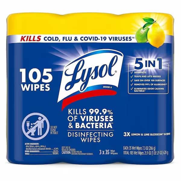 Disinfecting Wipes 3-pack, Canister, Lemon, White, 105 PK