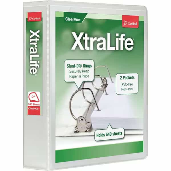 Cardinal XtraLife ClearVue Non-Stick Locking Slant-D Ring Binder, 2in, White