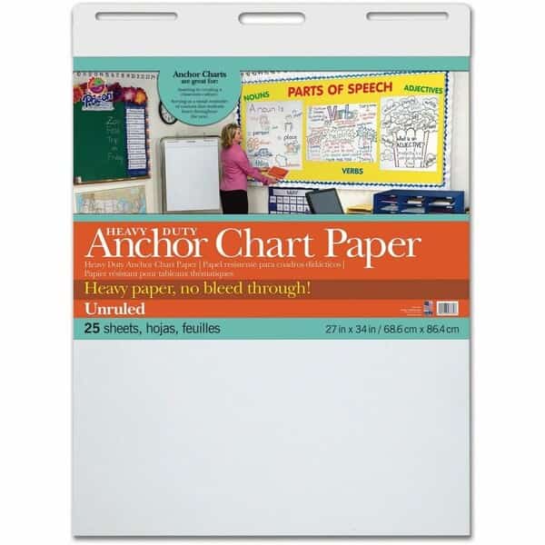 Heavy Duty Anchor Chart Paper, White, Unruled 27" x 34", 25 Sheets