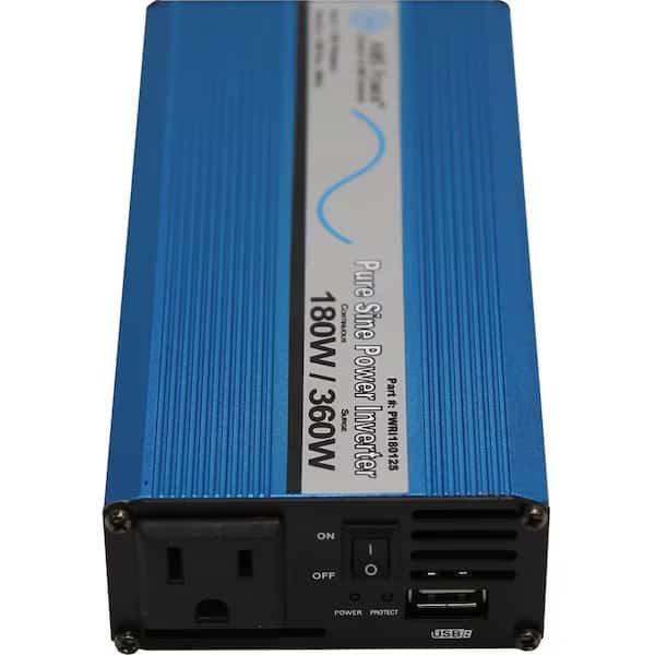 Power Inverter, Pure Sine, 360 W Peak, 180 W Continuous, 1 Outlets