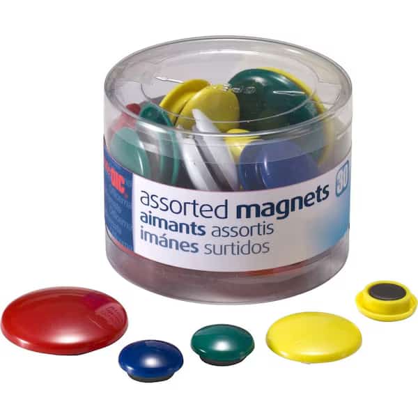 Officemate Assorted Magnets, Circles, Assorted Sizes and Colors, 30 per Tub