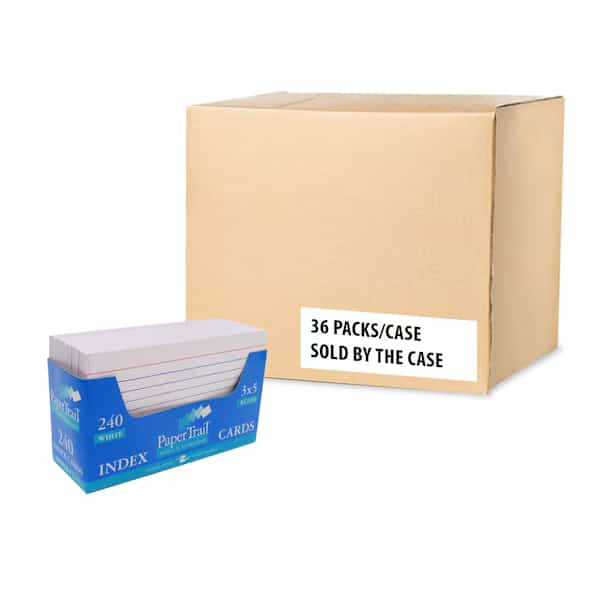 Case of Index Cards 3"x5", 240 Count Per Set, Ruled Paper, In Convent Tray Holder, Blank on Back, PK36