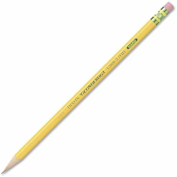 Dixon Ticonderoga Woodcase H No 3 Pencil With Eraser, Hard, Yellow Barrel, Dozen