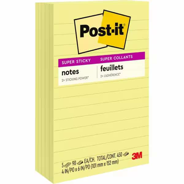 Super Sticky Notes, 4x6 In., Yellow, PK5