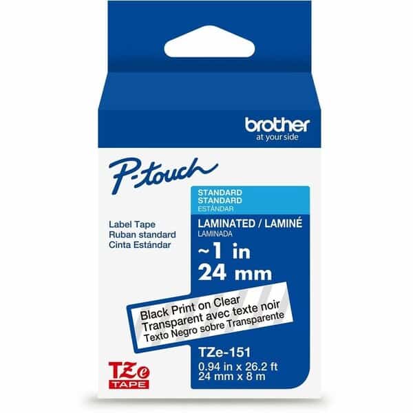 Adhesive TZ Tape (R) Cartridge 15/16"x26-1/5ft., Black/Clear, Width: 29/32 in, BROTHER, Mfr# TZe151