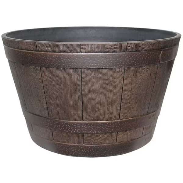 Planter, 2224 in W, 2224 in D, Round, Whiskey Barrel Design, Resin, Kentucky Walnut