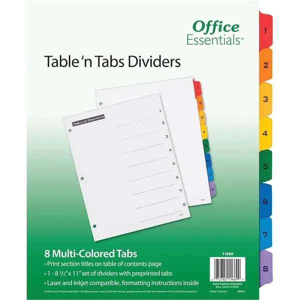 Office Ess, TABLE 'N TABS DIVIDERS, 8-TAB, 1 TO 8, 11 X 8.5, WHITE