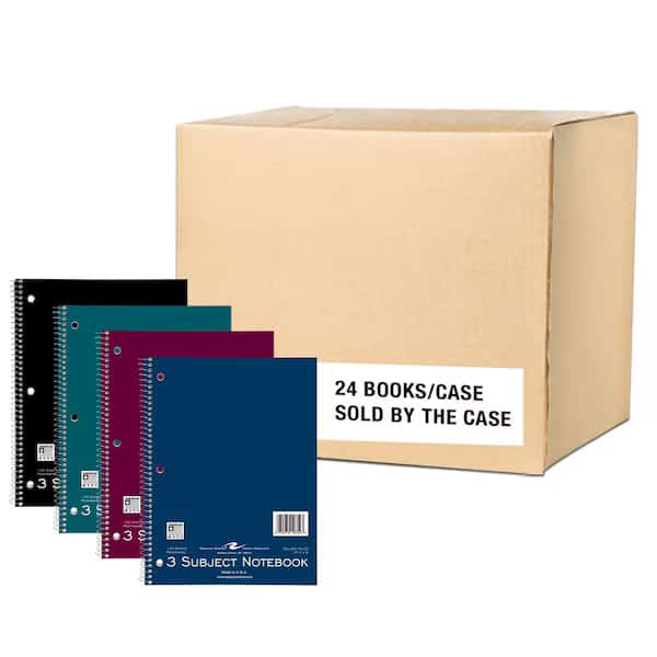 Case of 3 Sub Wirebound Notebooks, 10.5"x8", 120 sht, Asstd. Cover Colors, College Ruled w/Margin, PK24