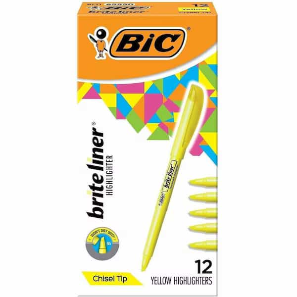 Bic Brite Liner Highlighter with Pocket Clip, Chisel Tip, Yellow Ink, Dozen