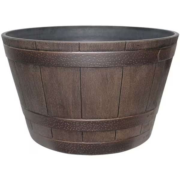 Planter, 154 in W, 154 in D, Whiskey Barrel Design, Resin, Kentucky Walnut