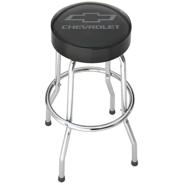 Round Black Vinyl Seat With Gray Chevy Logo NonSwivel 4 Steel Legs Without Back