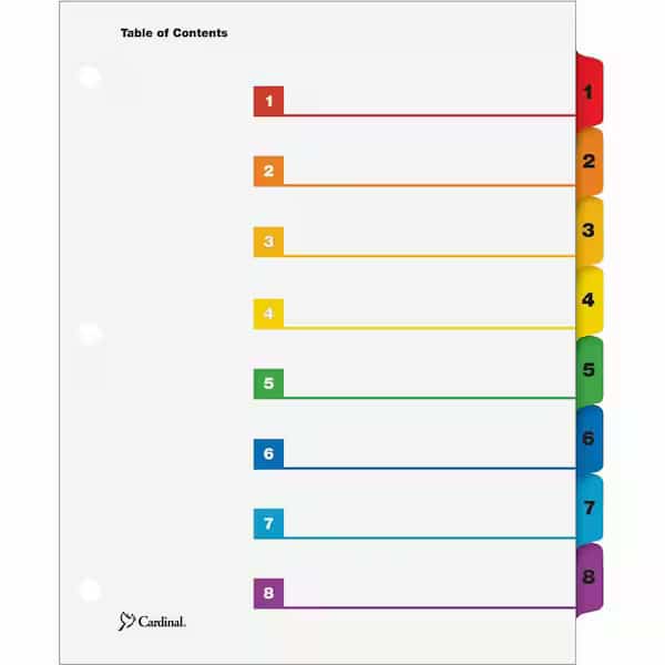 Cardinal OneStep Printable T.O.C. Divider, Printed 1, 8, 9"x11", 8 Tabs, White/Multicolor