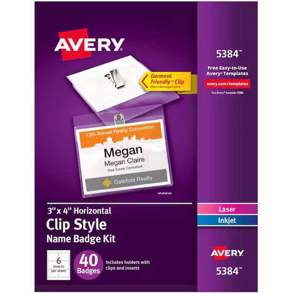 Avery Clip Style Name Badges, 3" x 4", Clear, 40/Box
