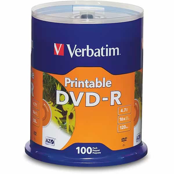 Verbatim DVD-R, 95153, 16X Speed, 4.7GB, Inkjet Printable, Spindle, 100/Pk, White