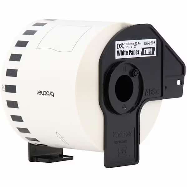 Adhesive Label Tape Cartridge 2-2/5" x 100 ft., Black/White, BROTHER, Mfr# DK2205