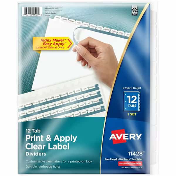 Avery Index Maker Clear Label Divider, Print-on, 12 Tabs, White/White