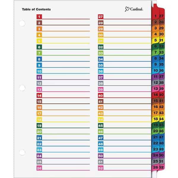 Cardinal OneStep Printable T.O.C. Divider, 1 to 52, 8.5"x11", 52 Tabs, Multicolor/Multicolor