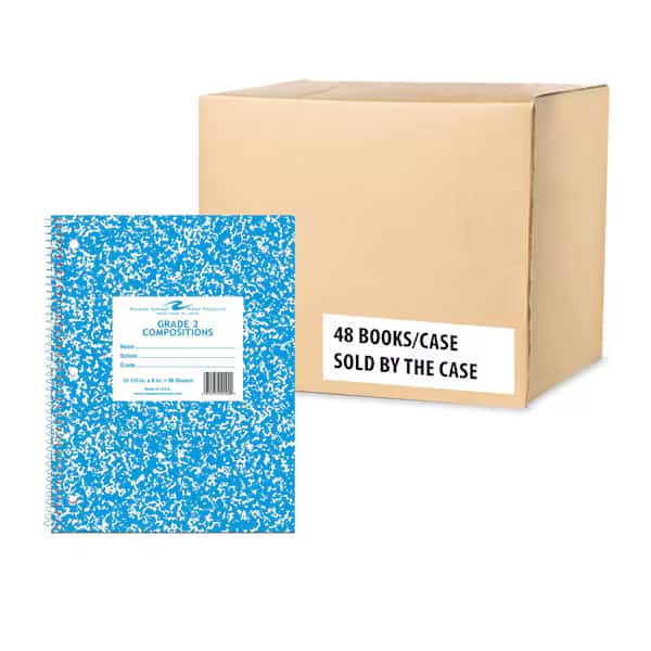 Case of Grade Two Wirebound School Notebooks, 10.5"x8", 36 sheets/book, 3-Hole Punched, PK48