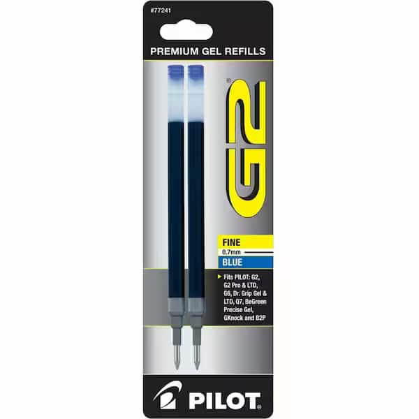 Pilot G2 Gel Ink Refill, Fine, Blue Ink, 2/Pack