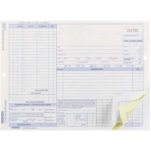 3part Auto Repair Order Forms, Multi, 50PK