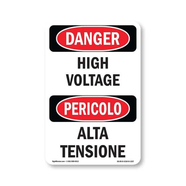 Safety Sign, OSHA Danger, 18" Height, High Voltage Bilingual, D-1218-VI-1327, Signmission, Mfr#: OS-DS-D-1218-VI-1327