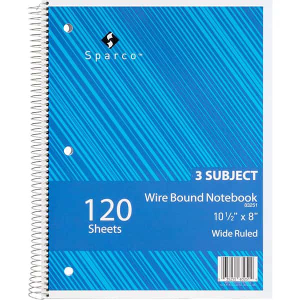 Sparco 3-Subject Notebook, 8" x 10-1/2", Wide Ruled, Bright White, 120 Sheets/Pad