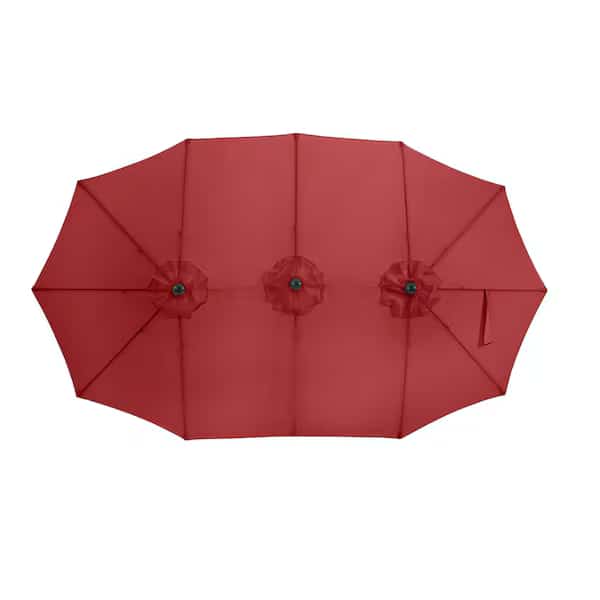 15 ft Double Sun Patio Umbrella, Red, 12 Steel Ribs, 1.9 in Dia Steel Pole, Easy Crank Lift