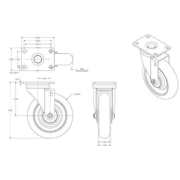 5" X 1-1/4" Non-Marking Monotech (Donut) Swivel Caster, Partial Thread Guard, Loads Up To 300 lb