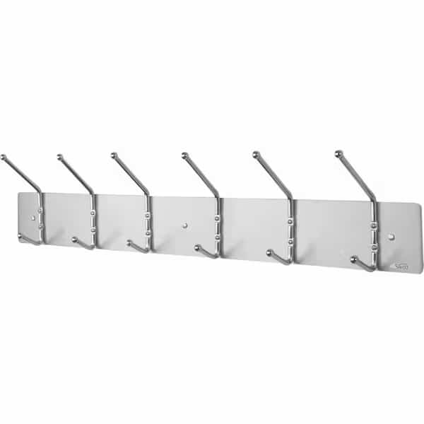 Metal Wall Rack, 6 Ball-Tipped Double-Hooks, 36Wx3.75Dx7H, Satin Metal