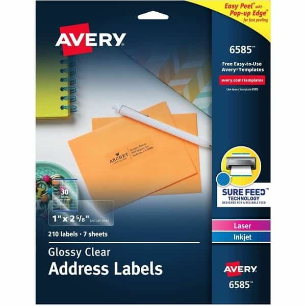 Glossy Clear Address Labels, Sure, PK210, AVERY, Mfr# 6585