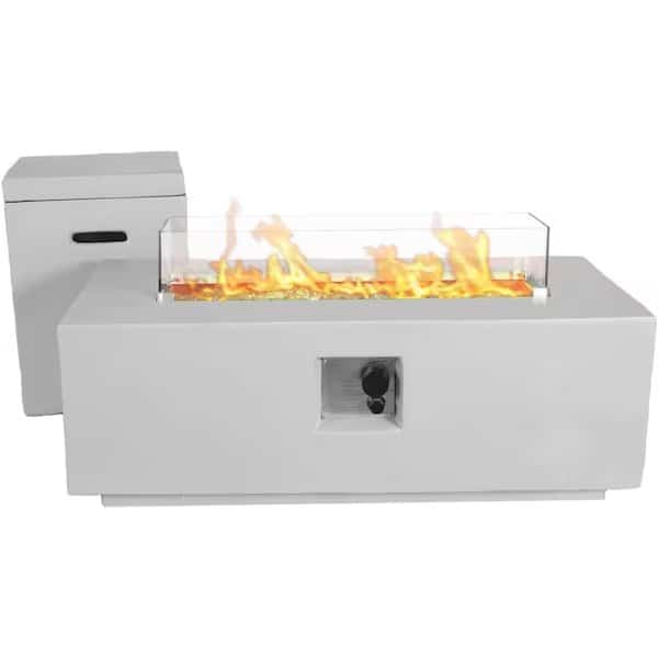 42in x 15in Rectangular MGO Propane Fire Pit Table W/ Side Table Tank Storage, Crystal Glass Beads