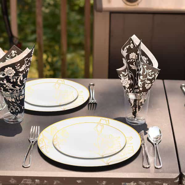 White w/Gold Antique Floral Round Plastic Dinnerware Set (120 Dinner Plates+120 Salad Plates), 240PK