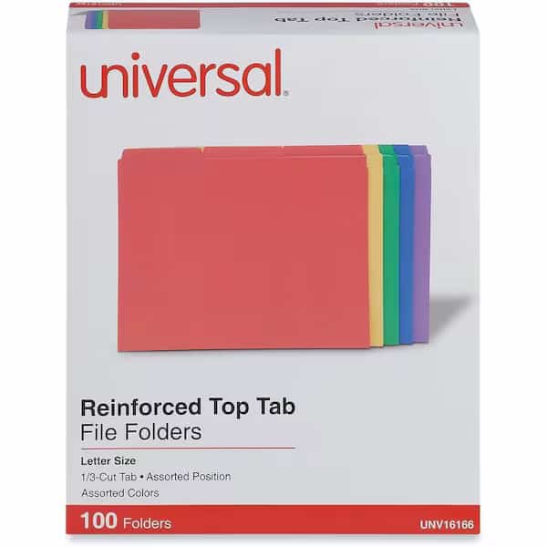 Universal File Folders, 1/3 Cut Double-Ply Top Tab, Letter, Assorted Colors, 100/Box