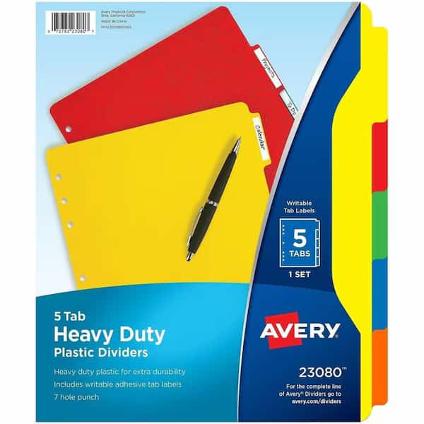 Avery Plastic Tab Divider, Blank, 8.5"x11", 5 Tabs, Multicolor/Multicolor