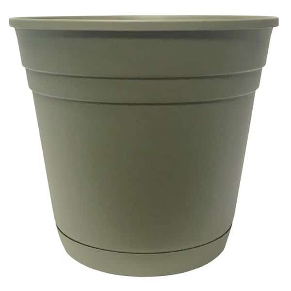 Planter with Attached Saucer, 20 in W, 20 in D, Round, Riverland Design, Resin, Olive Green