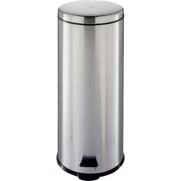 Trash Can, 793 gal Capacity, PlasticStainless SteelSteel, Silver, Flat Lid Closure