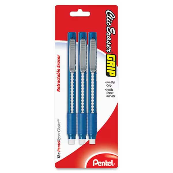 Pentel ZE21BP3K6 Clic Eraser Pencil-Style Grip Eraser  Assorted  3-Pack