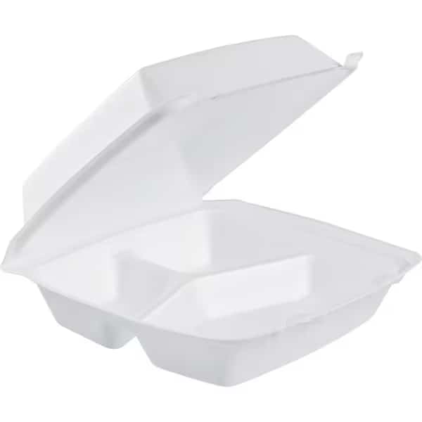 , Foam Hinged Food Container, 3 Compartments, White, 200/Carton