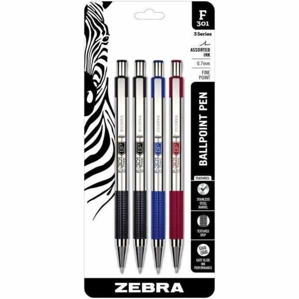 F-301 Retractable Ballpoint 0.7mm Assorted 4pk